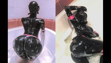 Rubber doll in a gas mask takes a bath