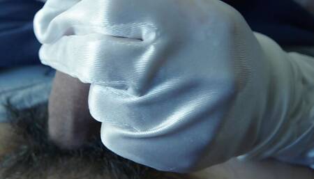 Horny Lady Gives Handjob in Long Satin Gloves