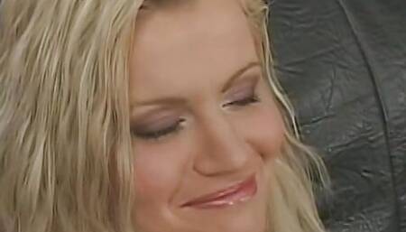 Hot blonde sucks cock while getting fucked on the sofa