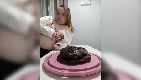 Dirty whore sub eating and sitting on chocolate cake