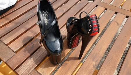 DANGEROUS WALKING with my very very high corset pleaser heels!