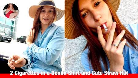 Smoking 2 in a Denim Dress and Straw Hat