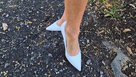 Walk with me and my white office high heels