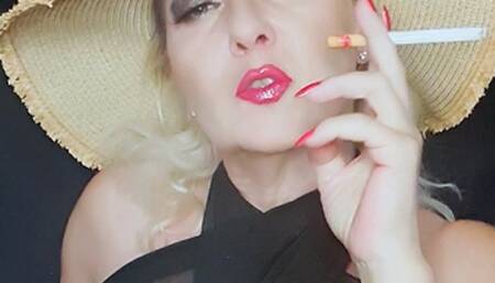 Hot seductive beach flair smoke with shiny glossy lips, big eye makeup, deep inhale, French inhale, nose exhale, lots of creamy OMIs*Marlboro Red 100s*Close up sequences