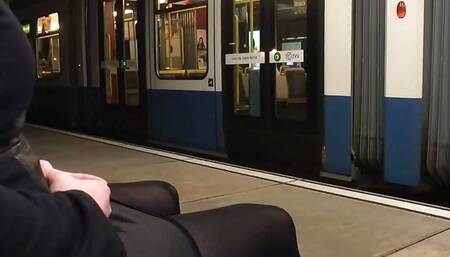 Crossdresser showed off at tram station by night