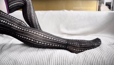 Watch me pull my lacey thigh high socks off, milf lace thong lingerie tease, foot fetish