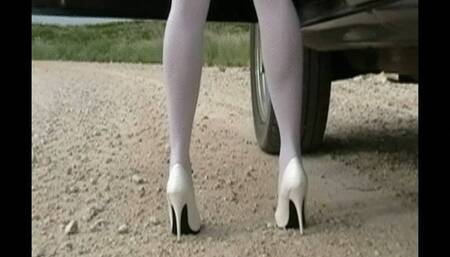 KsSunflwr, white thigh highs and white stilettos