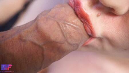 Close-up gentle blowjob, oral creampie