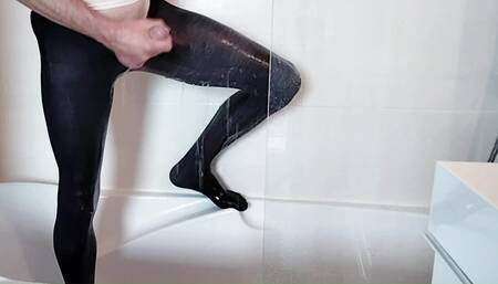a crossdresser man in wet pantyhose cums a lot in the shower