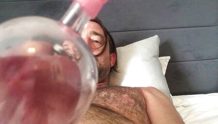 Milking pump on cock with urethral plug 2 cumshots with hand and wand