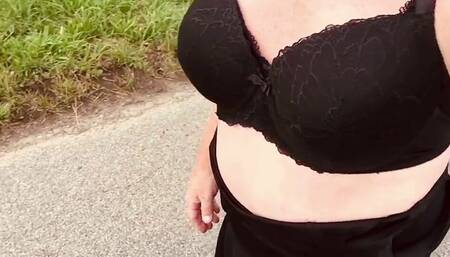 Crossdresser heels corset country walk about flashing