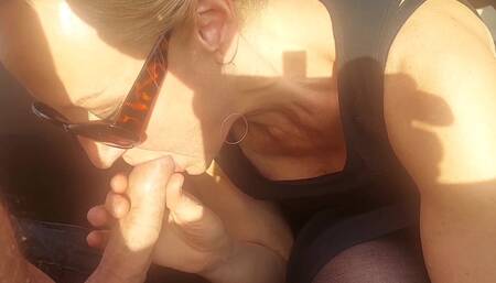 Selena's car blowjob swallow and footjob after