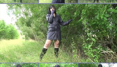 Mistress Angela smokes in purple leather gloves and coat
