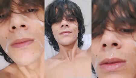Beautiful boy cums in his own face