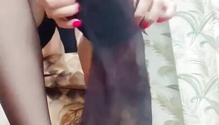 Petite Brunette Trying On New Stockings