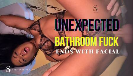 Unexpected bathroom fuck ends with facial