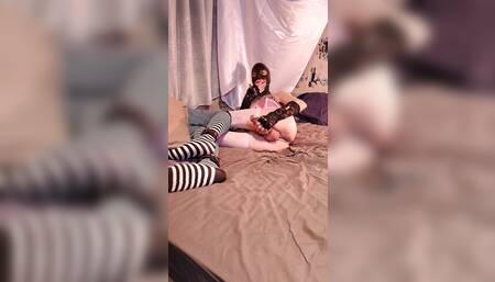 Full video of showing off my big cock with collar and latex female hood