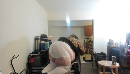 Molly is in her new dress showing off her stocking and white silky panties underneath