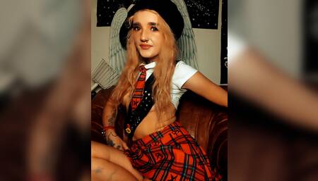 Punk girlscout ready to play. Plays with fingers in pussy, before fucking herself with a dildo