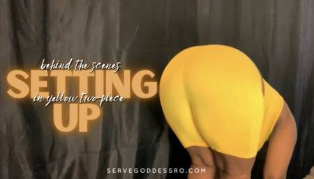 behind the scenes: setting up in yellow two-piece HD MP4 1080p by Royal Ro with Ignore Fetish, BTS, Ebony Goddess, Ebony Ass Worship, Yellow Two-Piece, Ebony Goddess, Eyeglasses, Tit Tease, Short Hair