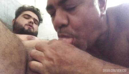 Older man sucks young chubby gay man's cock and drinks all his milk