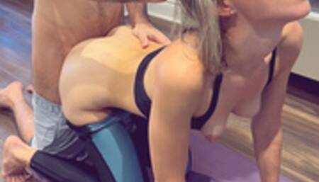 Wife fucked during yoga session while husband watches and films / Creampie in yoga pants / Hotwife