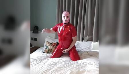 Hot Masked Cumslut in Full Red Pvc Catsuit