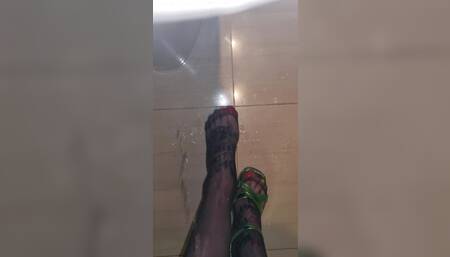 Rainbow sissy nylon feet pissed on