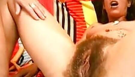 Dirty brunette has lesbian sex with old hag