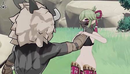 Kuki from Genshin Impact Chokes on a Hilichurl's Big Cock
