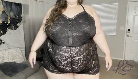 Fat Girl Struts in Black Lace Romper