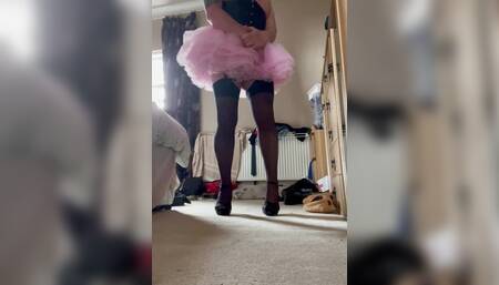 Secretly crossdressing while she walks the dog!