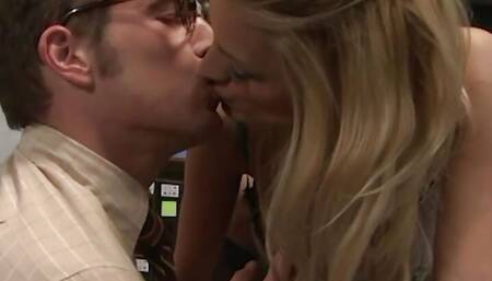 The minute this blonde secretary walks into the room, she makes her colleague fuck her