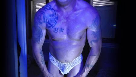 Muscular man poses in sexy string until final cumshot