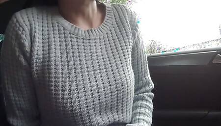 Wife flashing her Small tits in the car