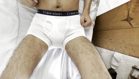 Wanking and cumming wearing white briefs
