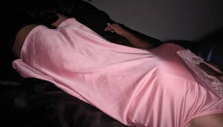 Crossdressed Lingerie Sissy Cumshot in Pink Satin Nighty and Pink Thong
