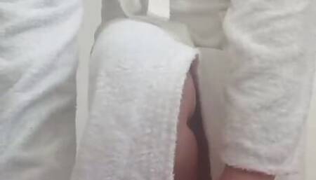 I'm in a bathrobe and I change panties for you! Shaved pussy