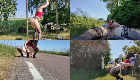 Fucking 2 huge toys outdoors close to a public road flashing for strangers while blindfolded