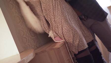 Hot tied up redhead in sexy black lingerie and high-knee high heels fucked hard! Huge cumshot on ass