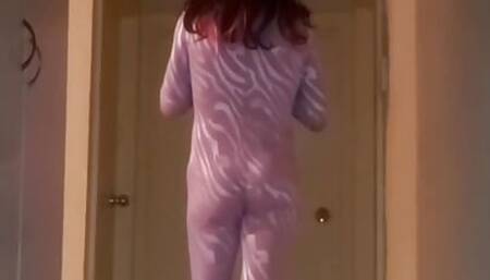 My new purple bodysuit feels so snug and cosy on my skin and I love the shiny stripes
