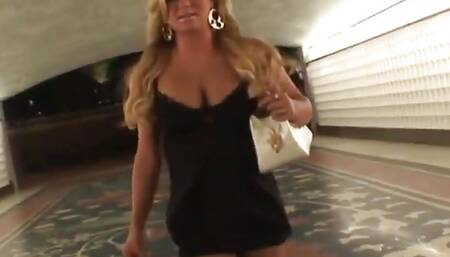 Blonde beauty with big boobs blows cock after dinner