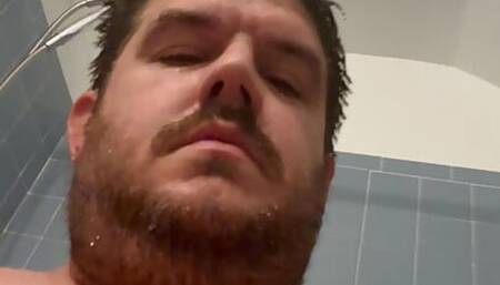 Cum watch the chubby daddy shower and jerk off and cum on his feet