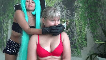 hands in leather gloves over her mouth and on her neck 7LG