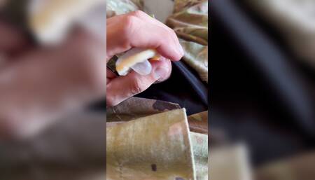 solider shooting a hot load of cum into some ranger panties and jerking off in uniform!