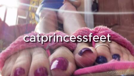 Part2 Fuzzy flip flops and fresh purple nails, NYC stoop feet, milf soles, long toes