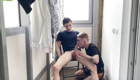 Made a juicy blowjob to a twink and finished on his face