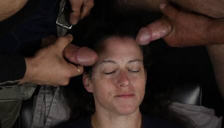 Double team facial blasting for dirty talking good girl