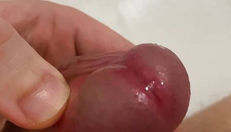 Close up masturbating in the shower, precum, edging, frenulum