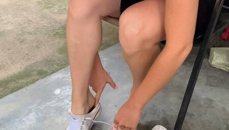 Jarlyn goes out on a drive in white tennis sneakers and shorts (custom)